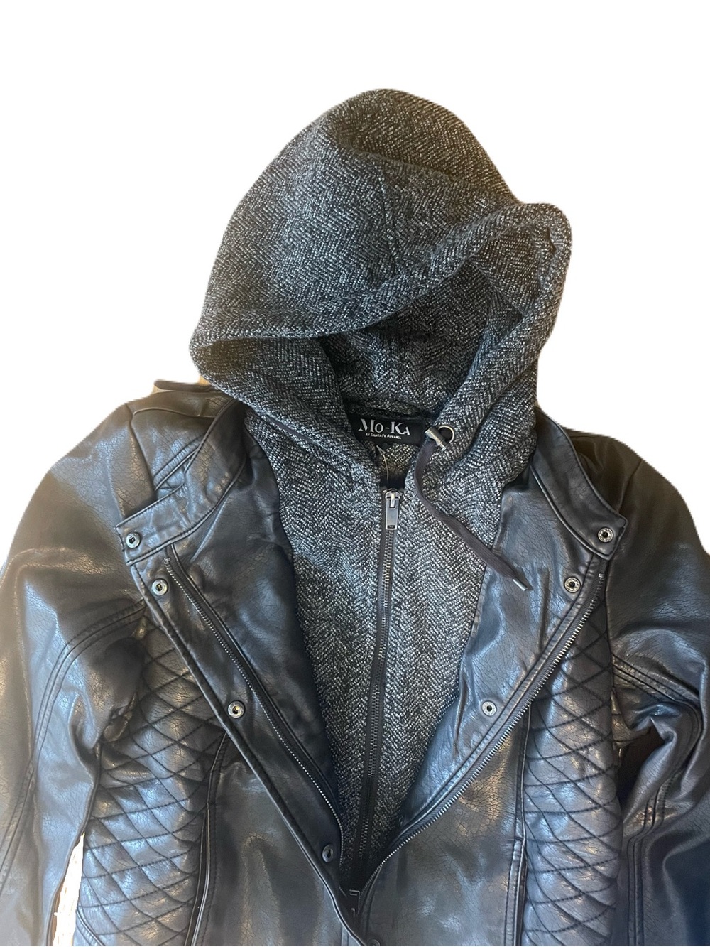 Black Quilted Leather Jacket with Gray Hooded Liner